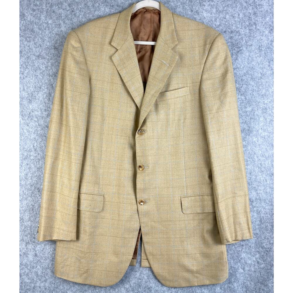 Vintage Oxxford Clothes Blazer Sport Coat Mens 44XL Beige‎ Plaid Wool Super 150s